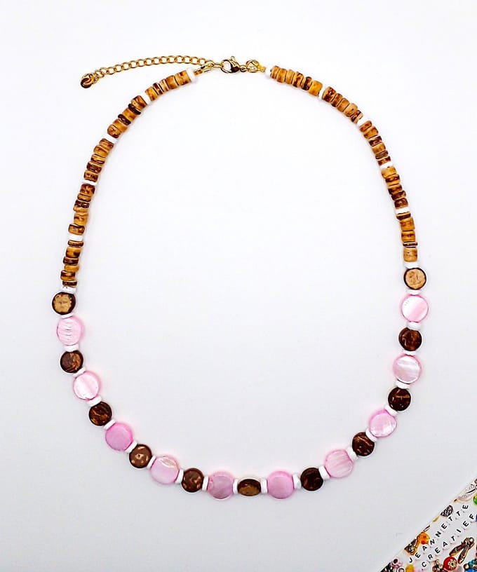 Jeannette-Creatief® - Beach - Pink Cube Shell - Shell - Dames Ketting - Disc Schelpen - Kokos - Ketting - Moederdag