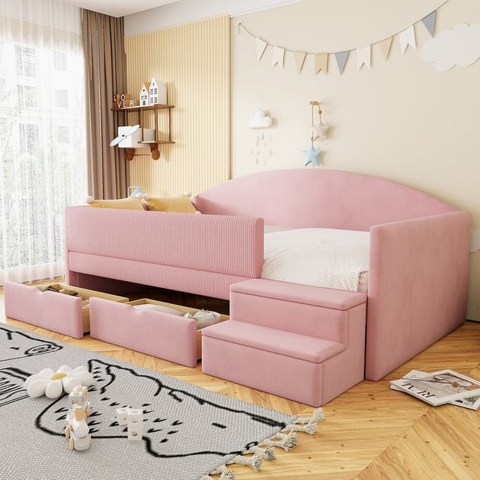 MODFU – Gestoffeerd Bed – 90x190 cm – 2 Opberglades & Veiligheidshek – Fluweel – Roze