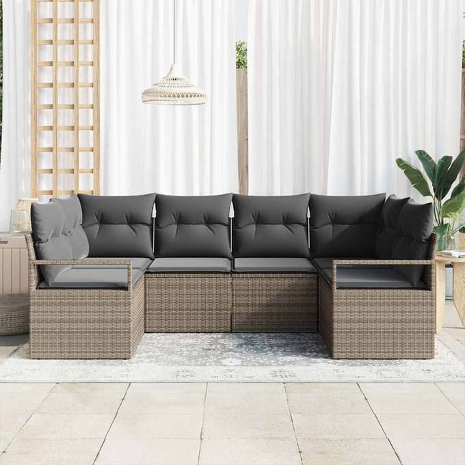 vidaXL Tuinbank Set met kussen met opslag 6 pcs Grijs poly rattan
