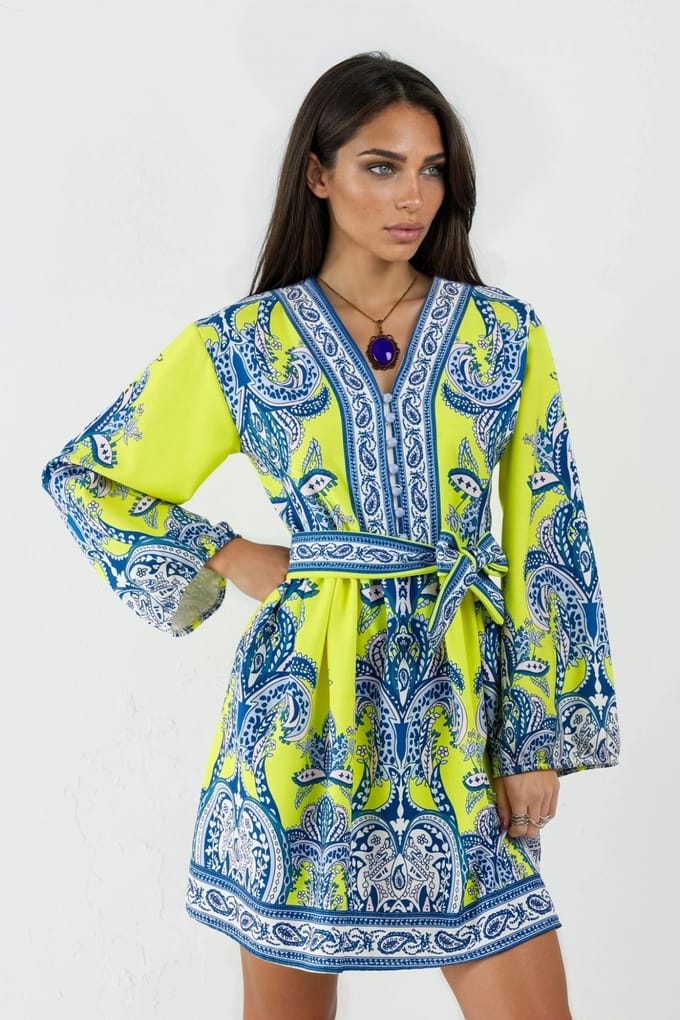 V-hals Paisley A-lijn Mini Jurk met Knopen