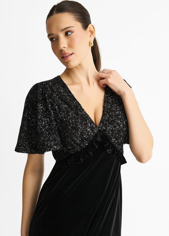 Zwarte sequintop Premium fluwelen midi-jurk voor speciale gelegenheden