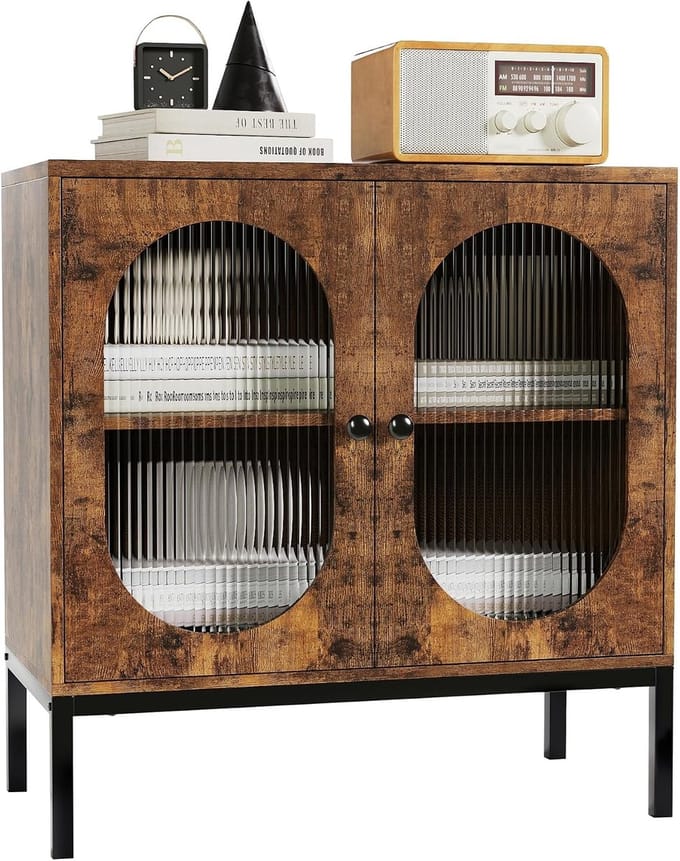 Modern Dressoir met Rotan en Gebogen Glasdeur - Luxe Buffetkast met Extra Dik Bovenblad (30 mm) - Multifunctionele Opbergkast - 80 x 40 x 83 cm