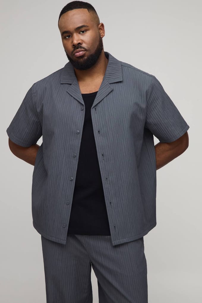 Plus Getextureerde Regular Revere Shirt & Relaxed Broek Set | Slate | Size 4XL