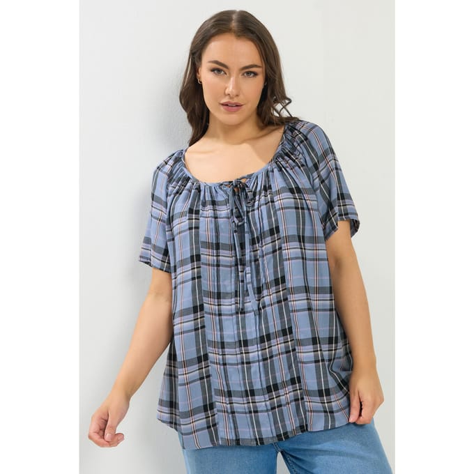 Yours Blauwe Geruite Pintuck Blouse Size 46