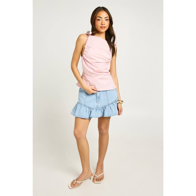 boohoo Dames Poplin Top Met Strikschouder | Roze | Maat: 36