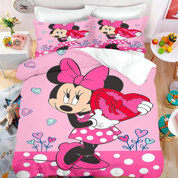 MINISO Mickey Dekbedovertrek Set Moderne Print Matras Beddengoed Sets Dekbed Beddengoed 3 Delig AU Single(140*210cm)3pcs pink