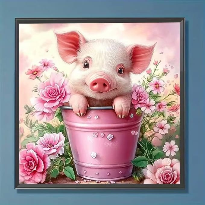 diamond painting biggetje in emmer rond rozen 30 x 30 cm