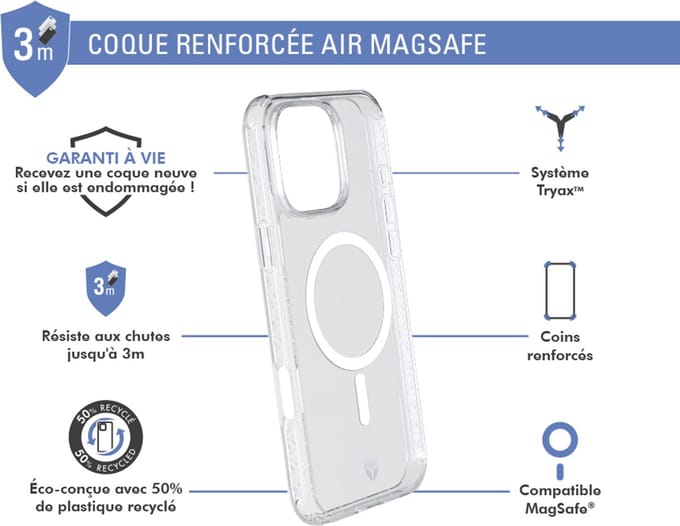 Force Case, Hoesje geschikt voor iPhone 16 Pro Max - MagSafe AIR Versterkt Tryax System 3M, Transparant