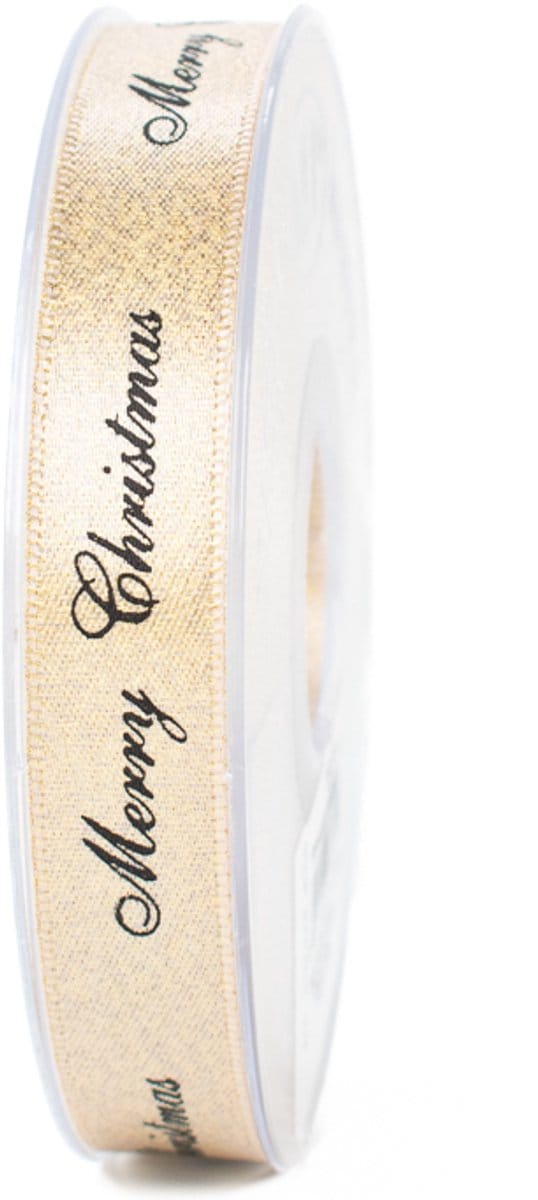 Kerstlint - Satijn Lint - 15 mm breed - Goud met zwarte opdruk "Merry Christmas" - 25 meter lang
