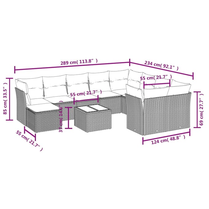 vidaXL - 11-delige - Tuinset - met - kussens - poly - rattan - beige