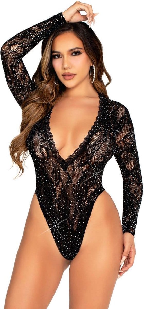 Leg Avenue - Lace And Long Sleeve Body With Diamonds Black One Size