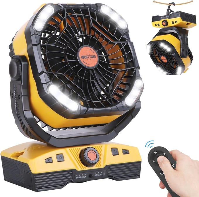 Campingventilator 20000 mAh - Oplaadbare Buitententventilator met Licht en Haak, 270° Draaibaar, USB Bureauventilator