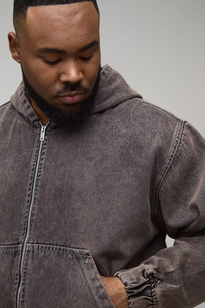 Plus Gewassen Denim Hoodie Met Rits | Mocha | Size 2XL