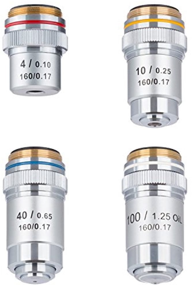 Objectievenset 4X-100X voor microscopen - vier achromatische objectieven