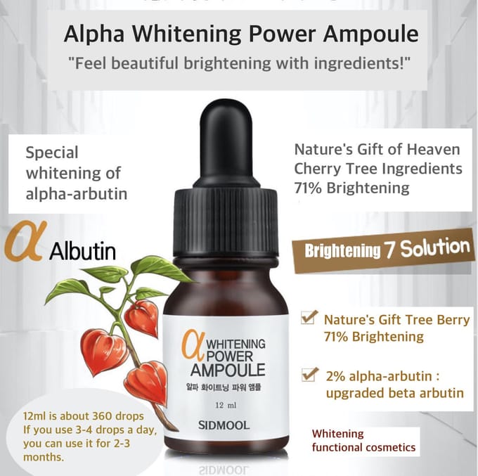 Sidmool Alpha Whitening Power Ampul 12 ml (Alpha-Arbutine 2% Boomfruitextract 71%) voor verheldering black