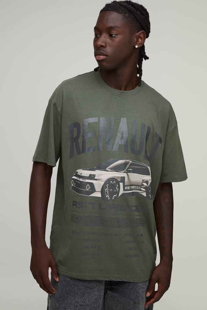 Oversized Renault Licentie Print T-shirt | Khaki | Size Medium
