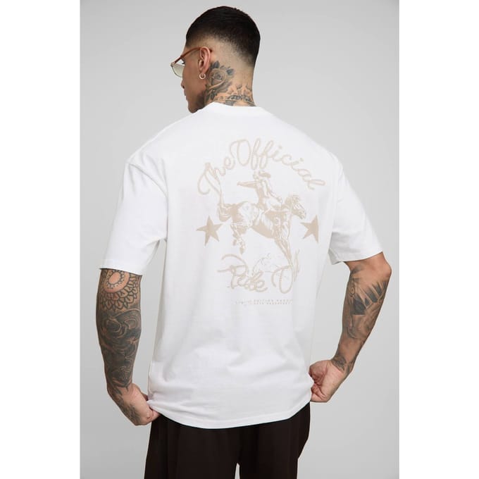 Lang Oversized Extended Neck Western Print T-Shirt | White | Size Medium