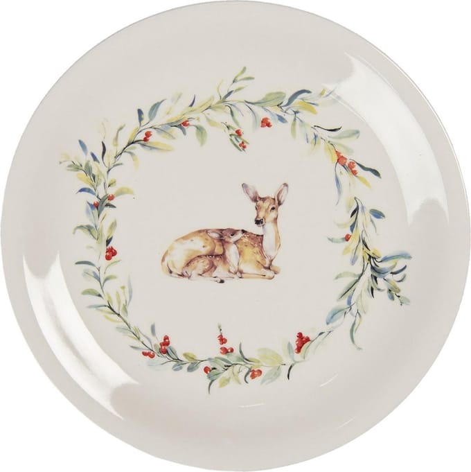 Clayre & Eef Dinerbord Ø 28 cm Wit Groen Keramiek Hert