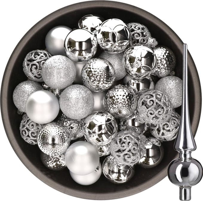 Decoris Kerstballen - 37x stuks - 6 cm kunststof - met glazen piek glans - zilver