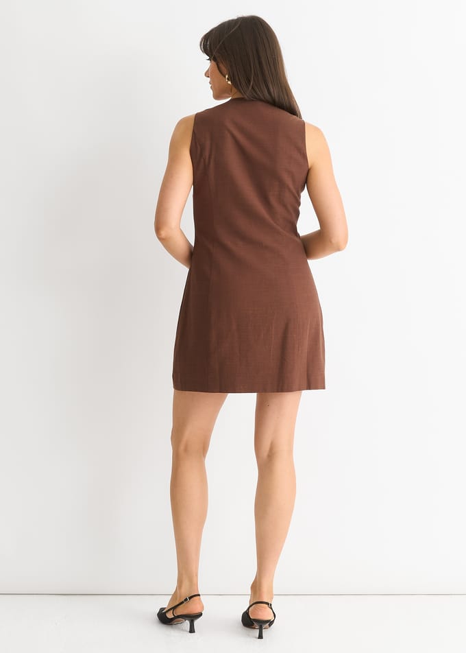 Chocolate Linnen Doorknoop Mini Overhemd Jurk