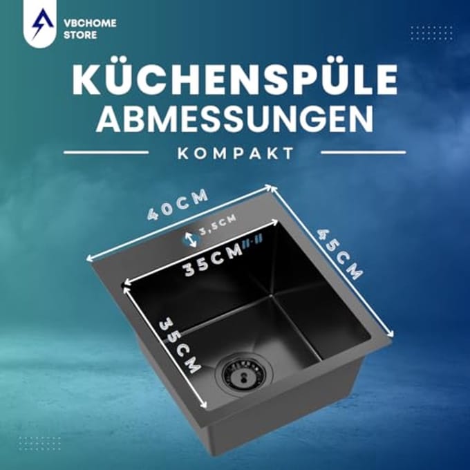 Inbouwspoelbak Mat Zwart RVS 40 x 45 cm - Duurzaam en Modern Design