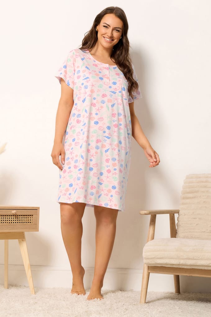 Yours Roze Nachtjapon Met Schelpen En Knoopsluiting Size 62-64