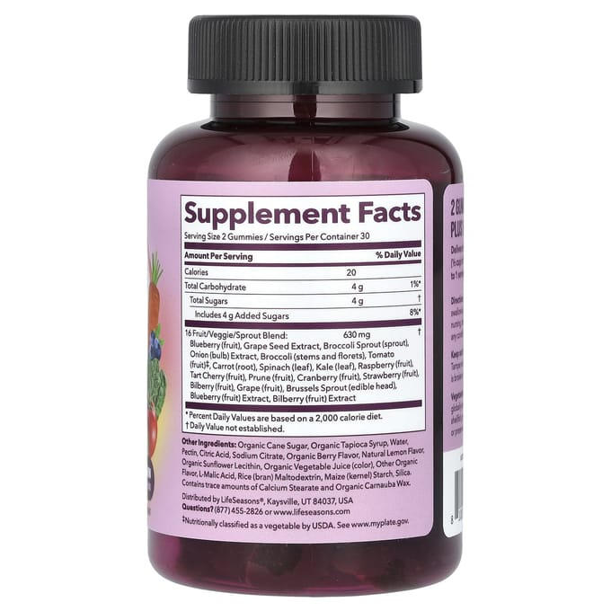 LifeSeasons, gummies aux fruits et légumes, citron baie, 60 gummies