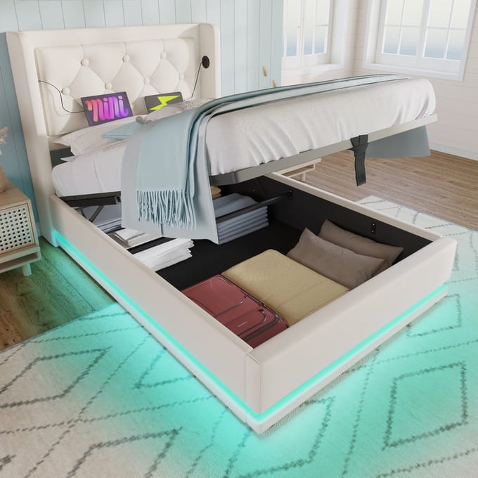 MODFU Bedframe 90x200 cm – Wit PU met getuft wingback hoofdbord & LED – Hydraulisch – Incl. matras