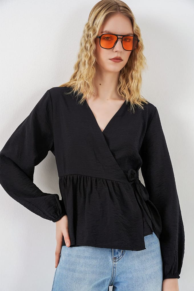 V-hals Blouse met Strikdetail en Kreppé