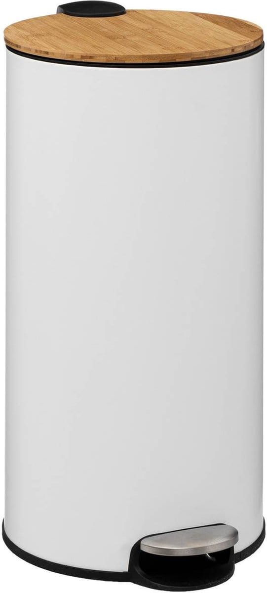 5Five prullenbak/pedaalemmer Bamboe - wit - metaal - 30 liter - 38 x 29 x 60 cm - keuken