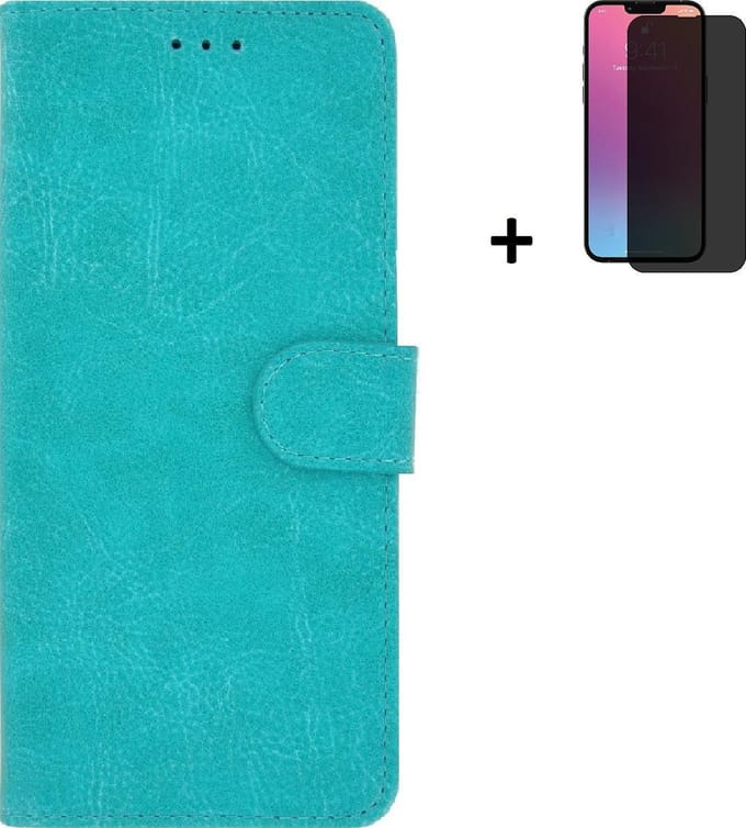 Hoesje Geschikt voor iPhone 13 Pro Max + Screenprotector iPhone 13 Pro Max - iPhone 13 Pro Max Hoes Wallet Bookcase Turquoise + Privacy Tempered Glass