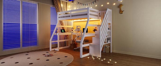 Hoogslaper 90x200 met Bureau en Opbergtrap - Wit - LED, USB