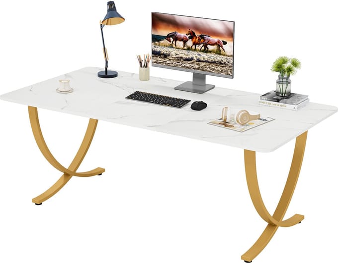 TRIBESIGNS Bureau - Bureau Wit Goud - Modern Computerbureau - Computer Tafel - Bureautafel - 160 x 80 x 75 cm