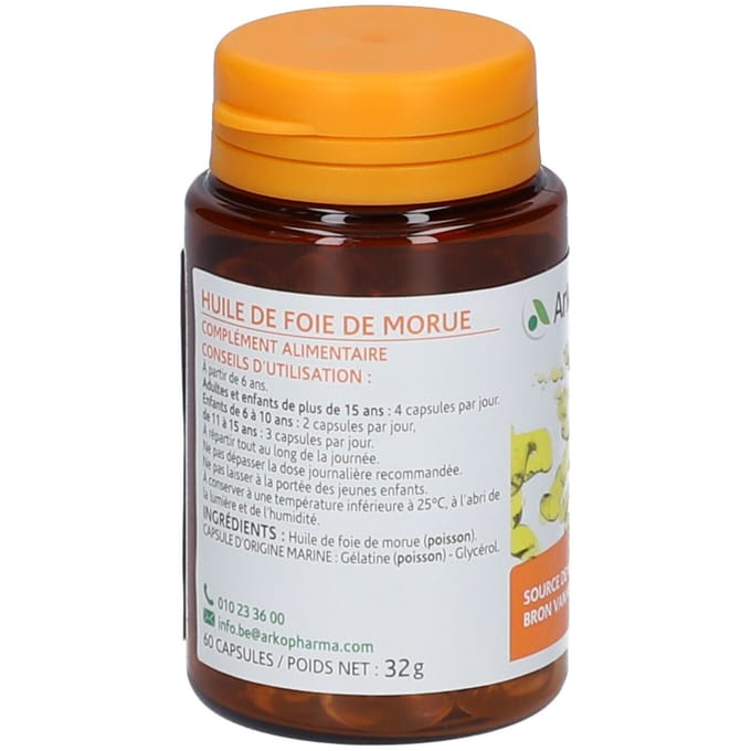 Arkopharma – Levertraanolie om een Normaal Beendergestel en Goede Cerebrale Functies te Behouden – 60 Capsules