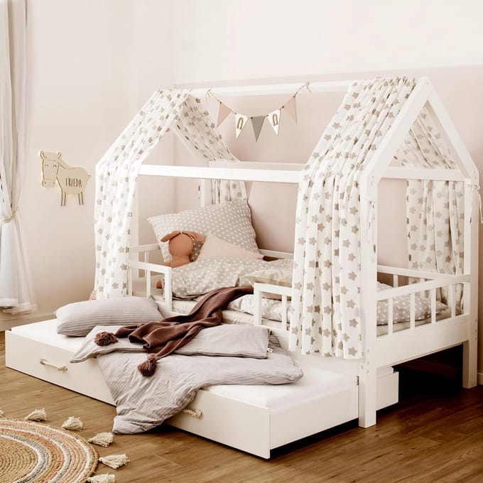 Huisbed Kinderbed 200 x 90 cm Wit Houten Bed met Valbeveiliging en Onderbed