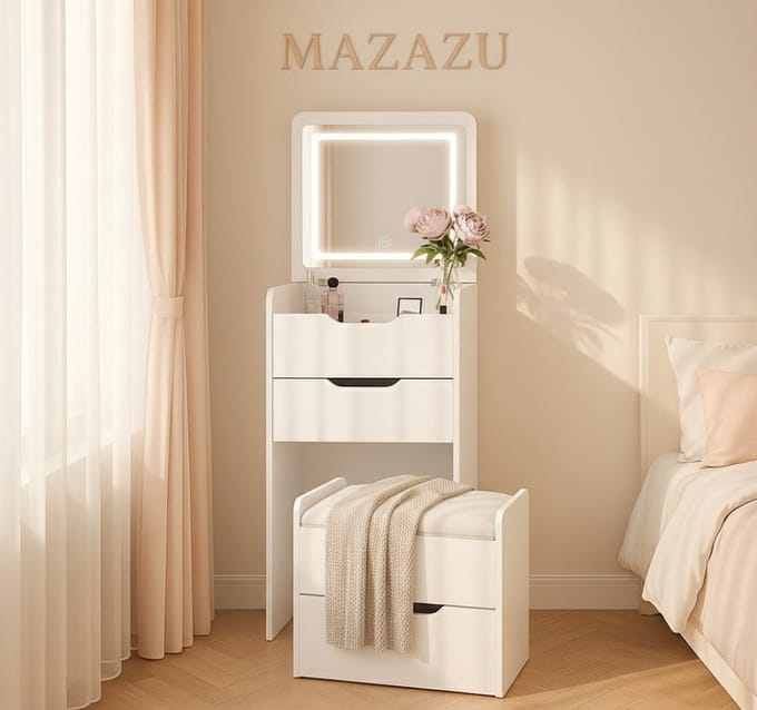 MAZAZU Kaptafel met Spiegel en Verlichting - Make-up Tafel met LED - Krukje - Wit - 120 cm