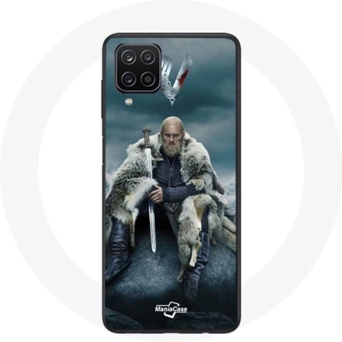 Coque pour Samsung Galaxy A12 Vikings Série Saison 6 Ragnar Lothbrok logo V Epée Gris Fond Brouillar