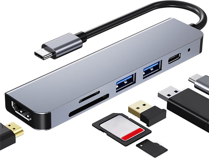 USB C Hub - 6 in 1 - HDMI - USB 3.0 - Micro-SD - Docking Station adapter - USB splitter - Grijs - Provium
