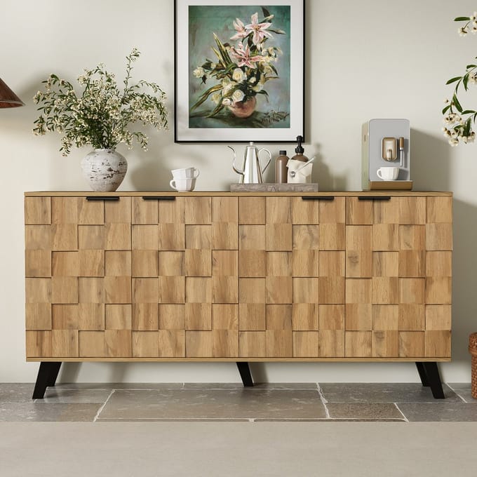 Sweiko Dressoir - 4 Deurs - Geometrisch reliëfdesign - 160.5 x 35.5 x 78 cm - Houtnerf