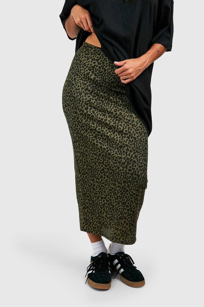 boohoo Dames Leopard Geribde Midaxi Rok | Kaki | Maat: 36
