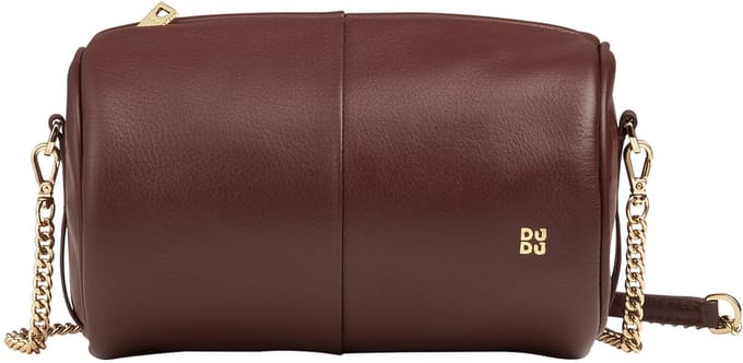 DuDu Cilindrische Schoudertas - Dames - Hoogwaardig Leer - Bruin - Met Kettingriem