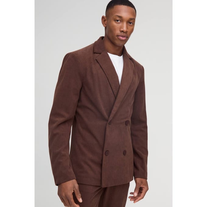 Skinny Fit Double Breasted Corduroy Blazer | Chocolate | Size 38