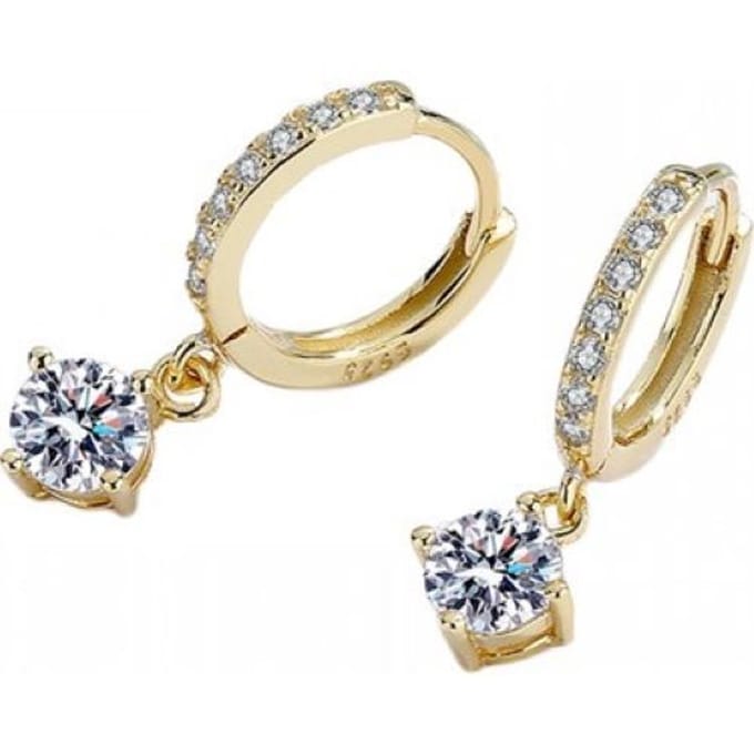 Solitaire Drop Hoop Earrings Crystals Gold 14K