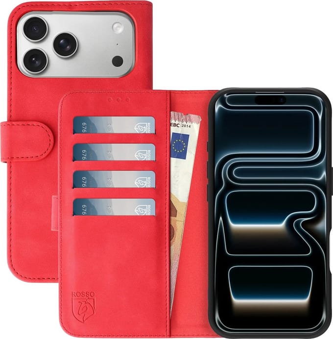 Rosso Element Geschikt voor Apple iPhone 17 Pro Max | Wallet Book Case | Portemonnee Hoesje | 3 Pasjes | Magneetsluiting | Stand Functie | Rood