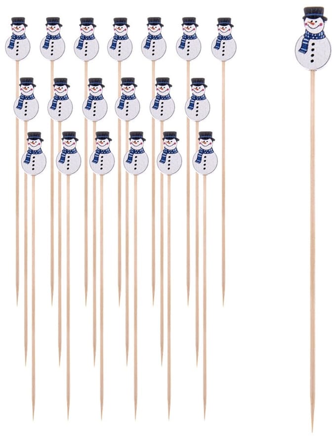 Orion - Cocktailprikkers Set - Bamboe - Sneeuwpoppen Design - 20 stuks - 13 cm