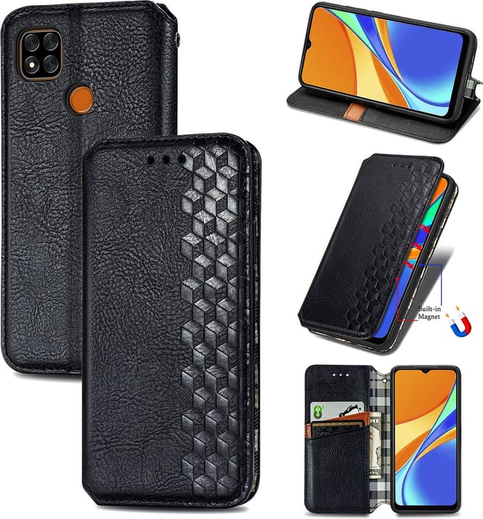 Luxe PU Lederen Ruitpatroon Wallet Case + PMMA Screenprotector voor Xiaomi Redmi 9C _ Zwart
