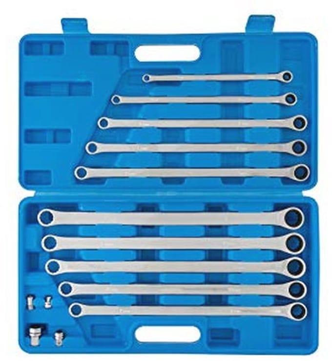10-delige professionele extra lange metrische ratelsleutelset 8-19 mm met adapters