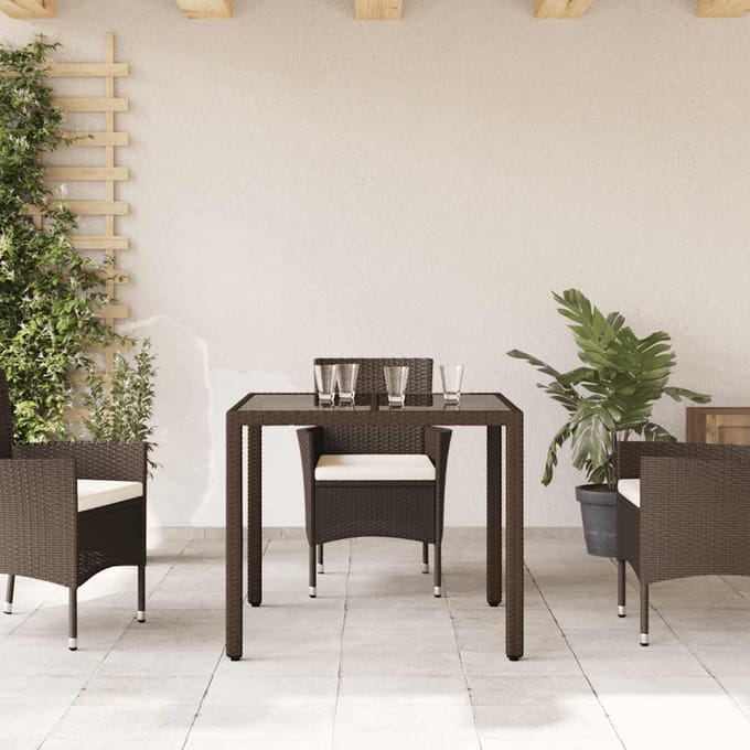 vidaXL - Tuintafel - met - glazen - blad - 90x90x75 - cm - poly - rattan - bruin