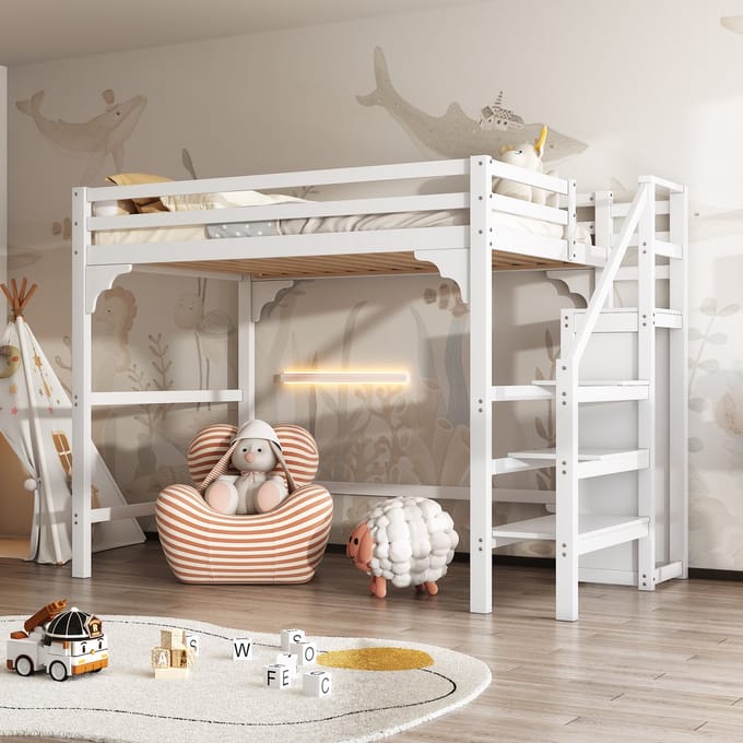 Hoogslaper - 140x200cm - met Lattenbodem, Trap en Kast - Opbergruimte - Wit