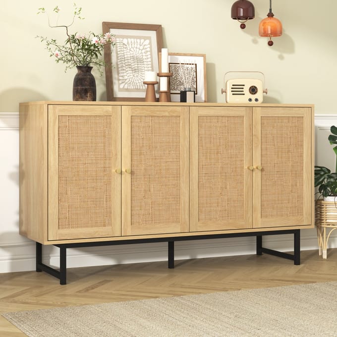 MODENUIT Dressoir - 4 Deuren Met Rotanfront - Voor Woonkamer, Eetkamer En Hal - Spaanplaat - 140x39,5x80 Cm